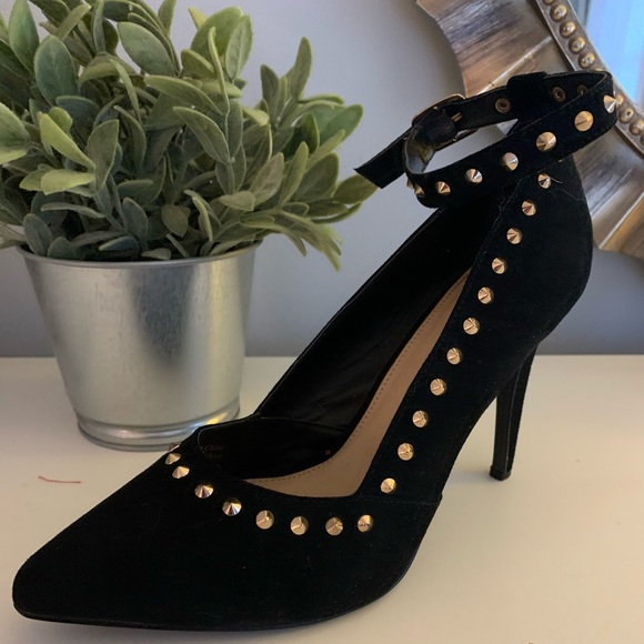 Suede Gold Studded Heels with Optional Ankle Strap - Picture 2 of 5